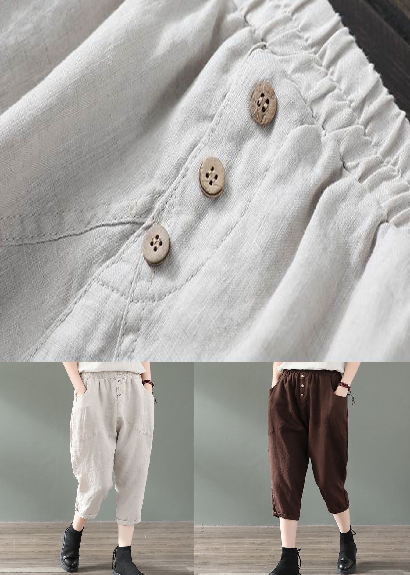 Beige Pockets Patchwork Linen Crop Pants Summer Ly0618