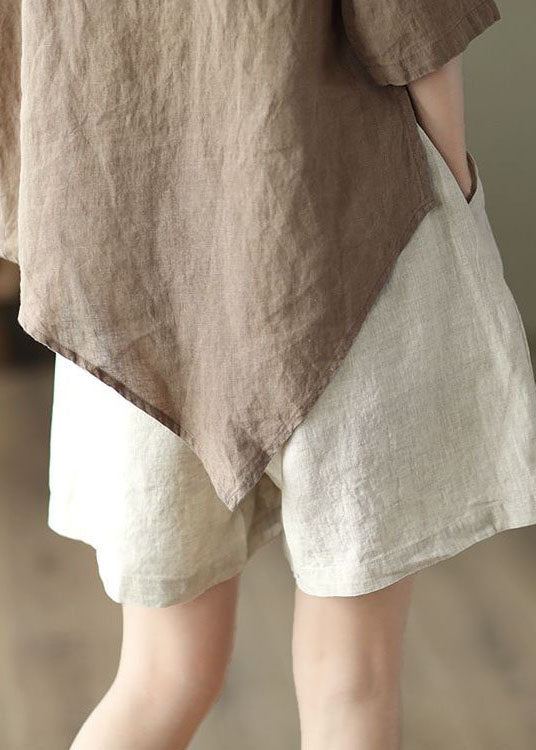 Beige Pockets Patchwork Linen Hot Pants Elastic Waist Summer Ly0603