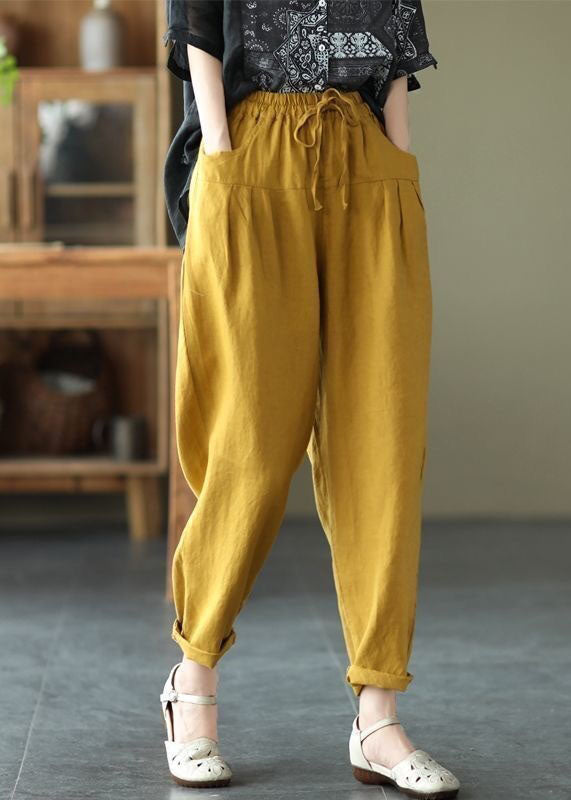 Beige Pockets Patchwork Linen Pants Elastic Waist Summer Ly0628