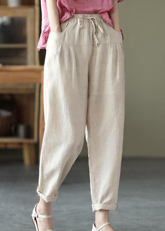 Beige Pockets Patchwork Linen Pants Elastic Waist Summer Ly0628