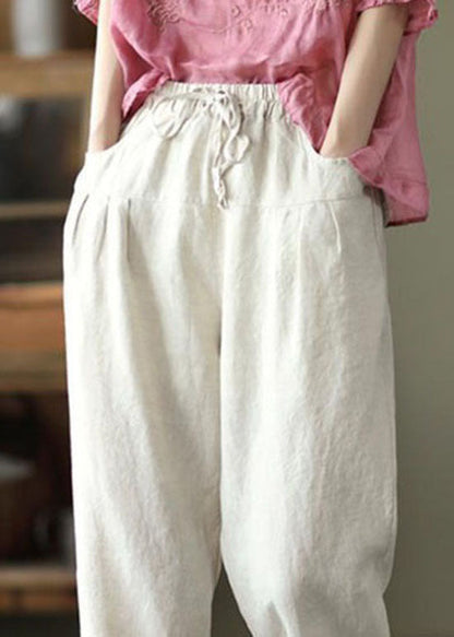 Beige Pockets Patchwork Linen Pants Elastic Waist Summer Ly0628