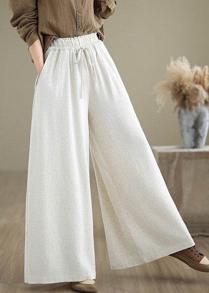 Beige Pockets Simple Cotton Wide Leg Pants Drawstring Fall Qo045