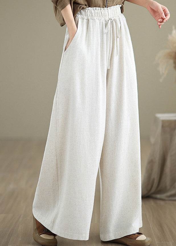 Beige Pockets Simple Cotton Wide Leg Pants Drawstring Fall Qo045