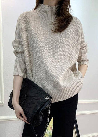 Beige Cozy Knit Fall Sweaters Turtleneck Qi024