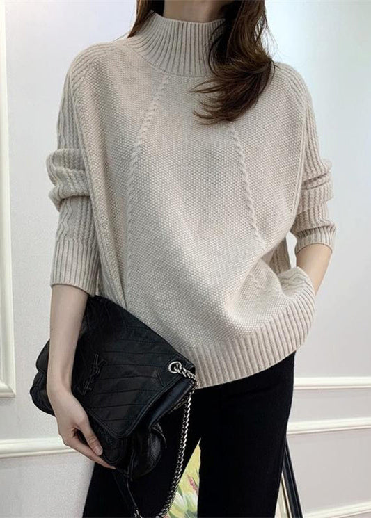Beige Cozy Knit Fall Sweaters Turtleneck Qi024
