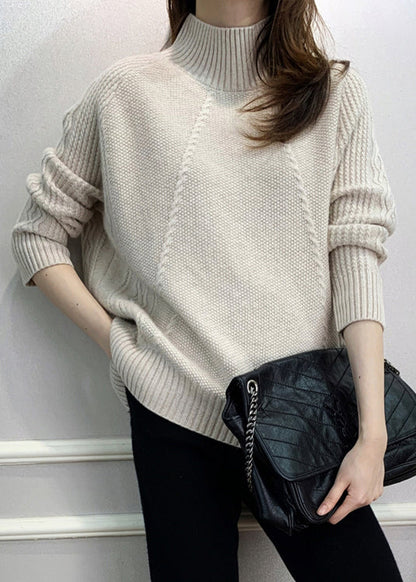 Beige Cozy Knit Fall Sweaters Turtleneck Qi024