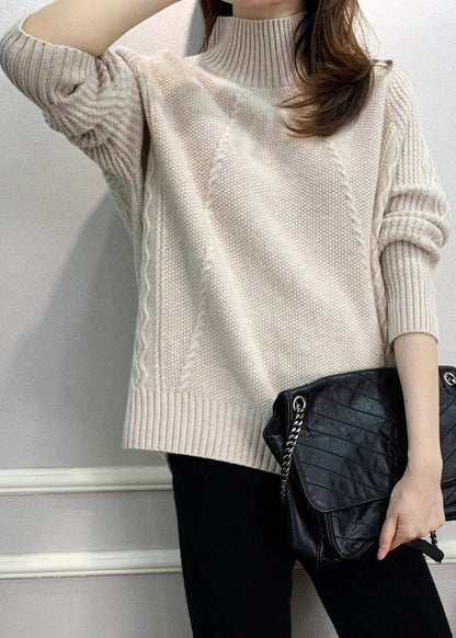 Beige Cozy Knit Fall Sweaters Turtleneck Qi024