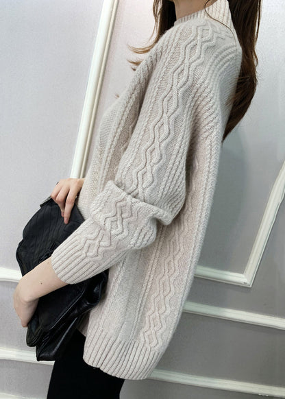 Beige Cozy Knit Fall Sweaters Turtleneck Qi024