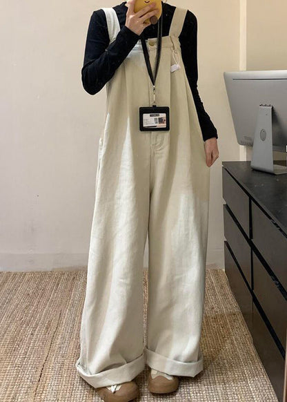 Summer Wide Beige Denim Waist High Leg Jumpsuit