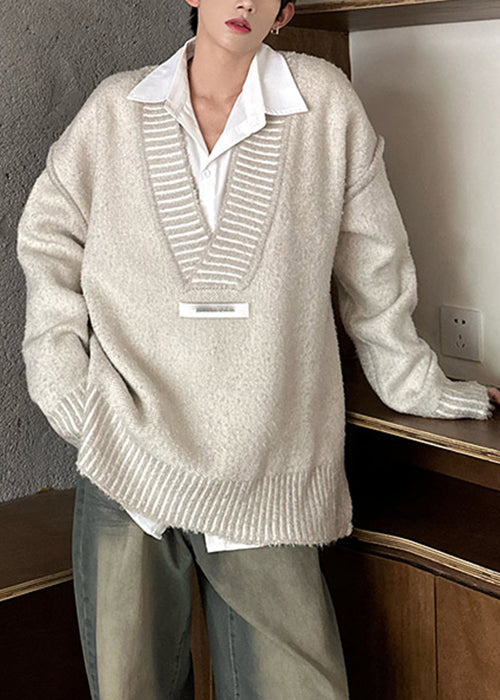 Beige Patchwork Knit Fall Sweaters V Neck Qh023