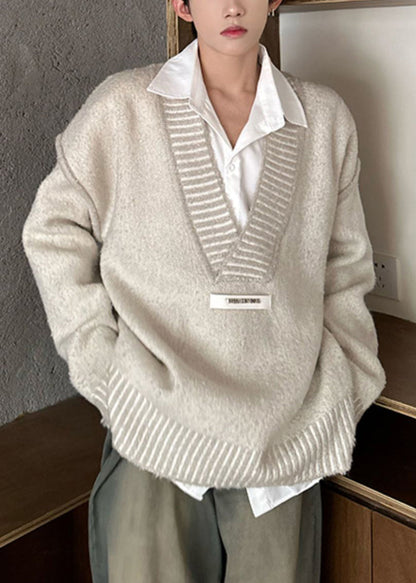 Beige Patchwork Knit Fall Sweaters V Neck Qh023