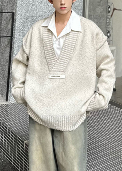 Beige Patchwork Knit Fall Sweaters V Neck Qh023
