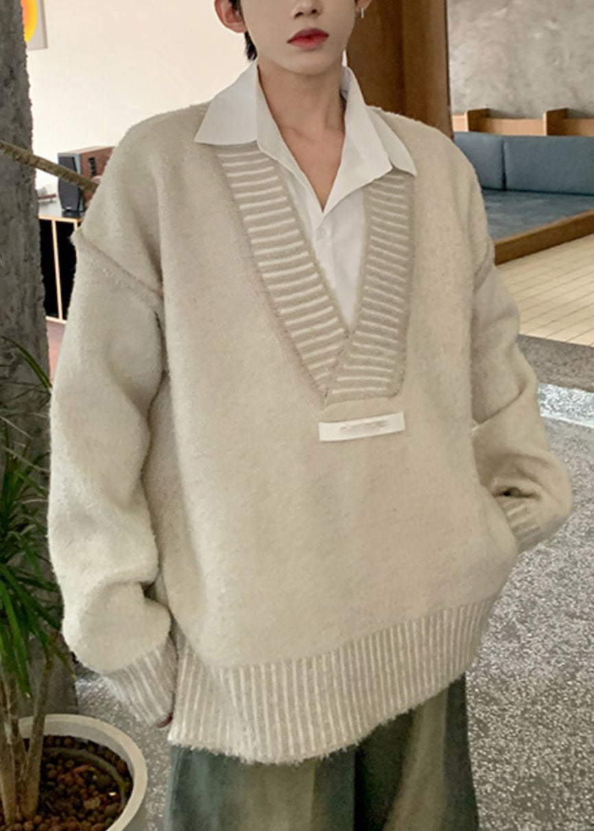 Beige Patchwork Knit Fall Sweaters V Neck Qh023