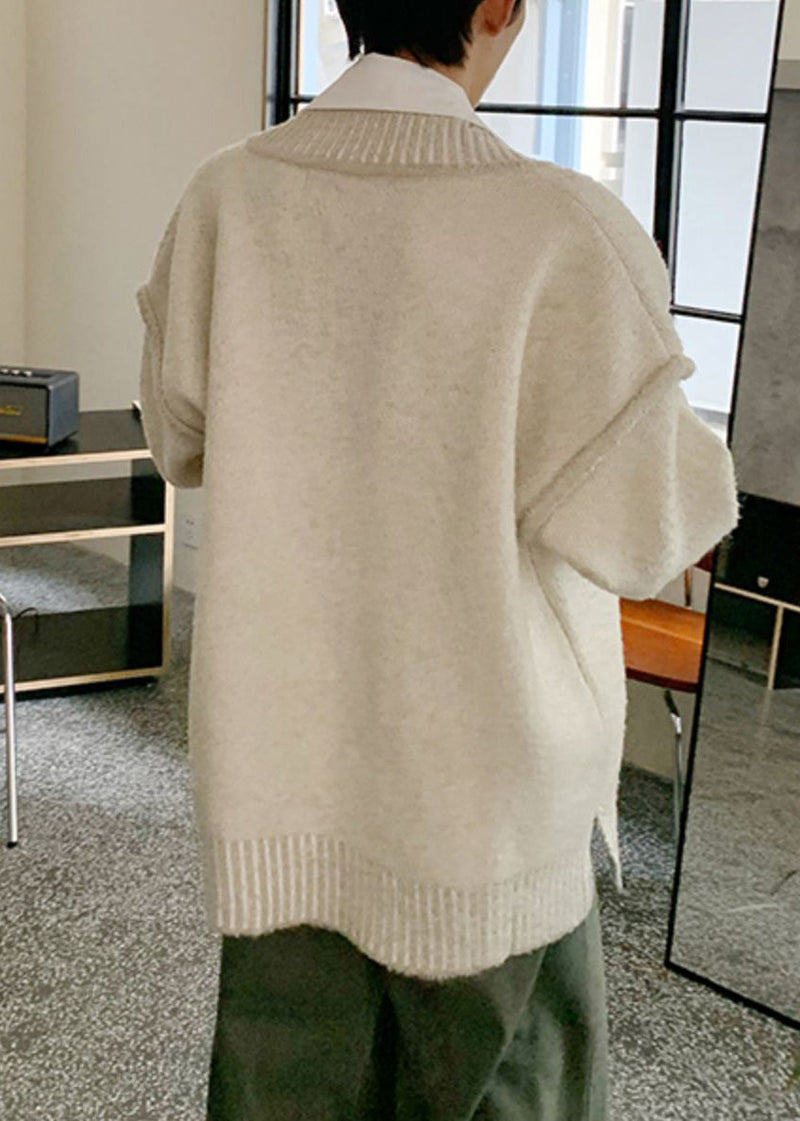 Beige Patchwork Knit Fall Sweaters V Neck Qh023