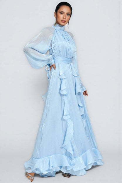 Junatk Stand Collar Long Sleeve Frill Maxi Dress