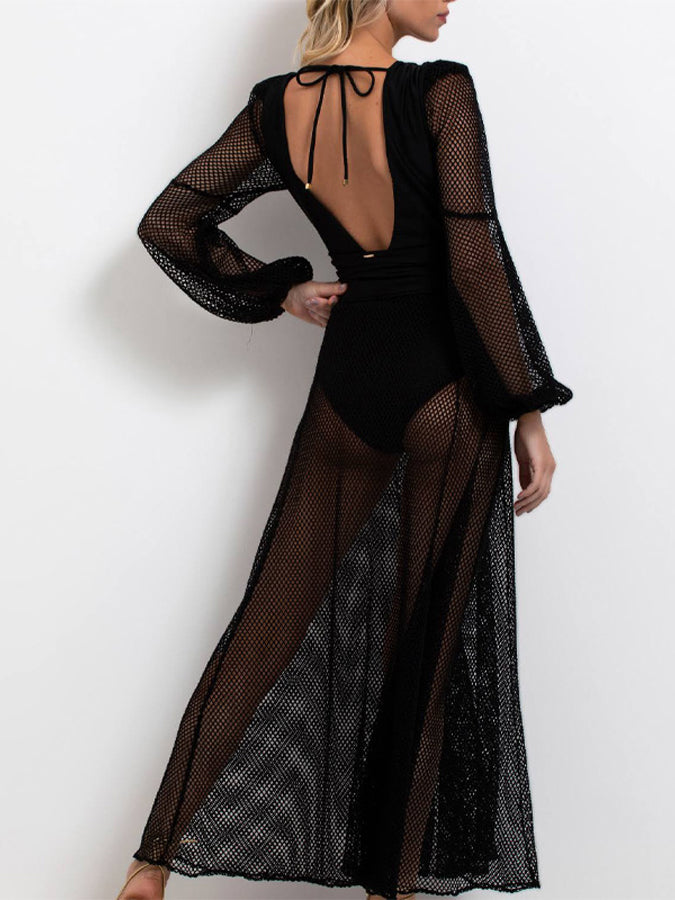 Belted Crochet-trimmed Netted-sleeve One Piece and Skirt