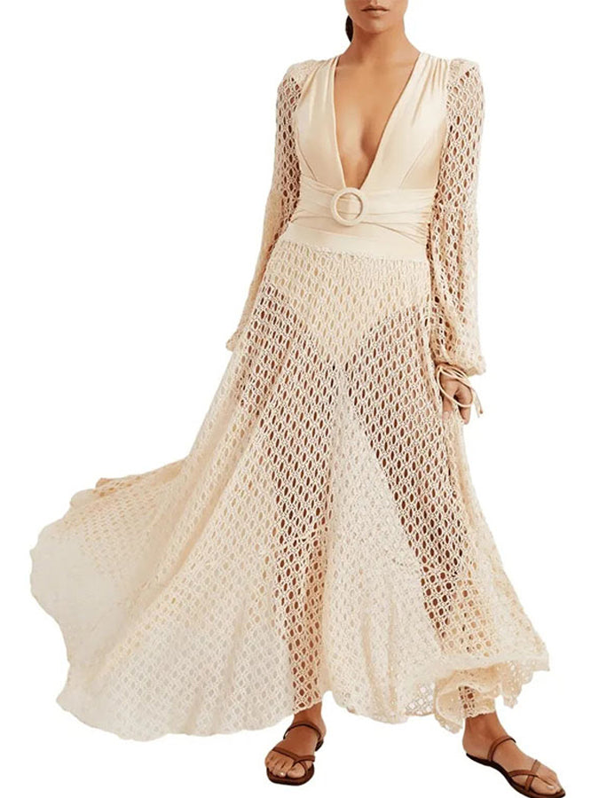 Belted Crochet-trimmed Netted-sleeve One Piece and Skirt
