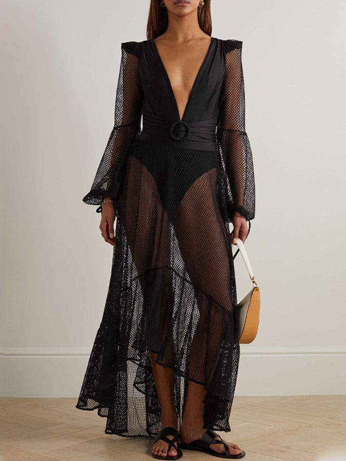Belted Crochet-trimmed Netted-sleeve One Piece and Skirt