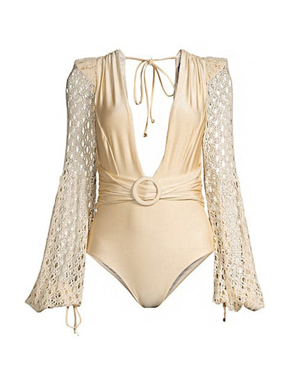 Belted Crochet-trimmed Netted-sleeve One Piece and Skirt