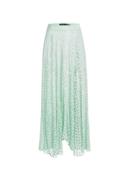 Belted Crochet-trimmed Netted-sleeve One Piece and Skirt