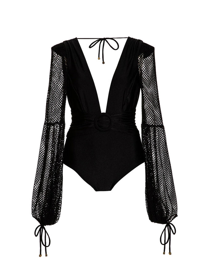 Belted Crochet-trimmed Netted-sleeve One Piece and Skirt