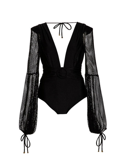 Belted Crochet-trimmed Netted-sleeve One Piece and Skirt