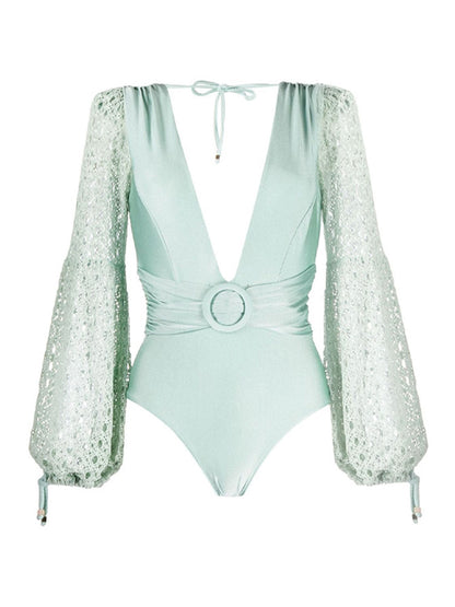 Belted Crochet-trimmed Netted-sleeve One Piece and Skirt