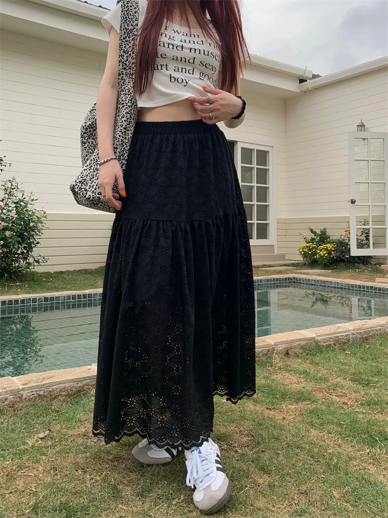 Dressbetty - Black Lace Ruffled High Waist A-line Skirt
