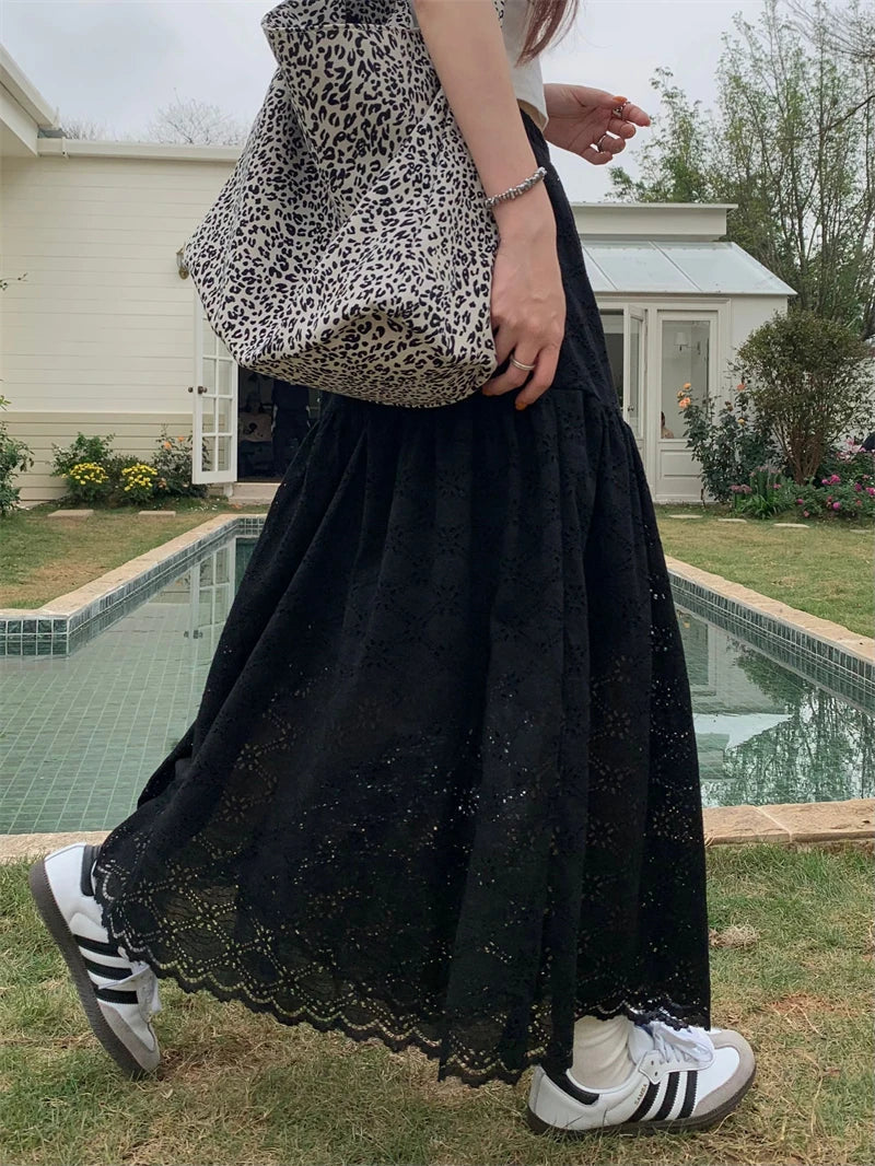 Dressbetty - Black Lace Ruffled High Waist A-line Skirt