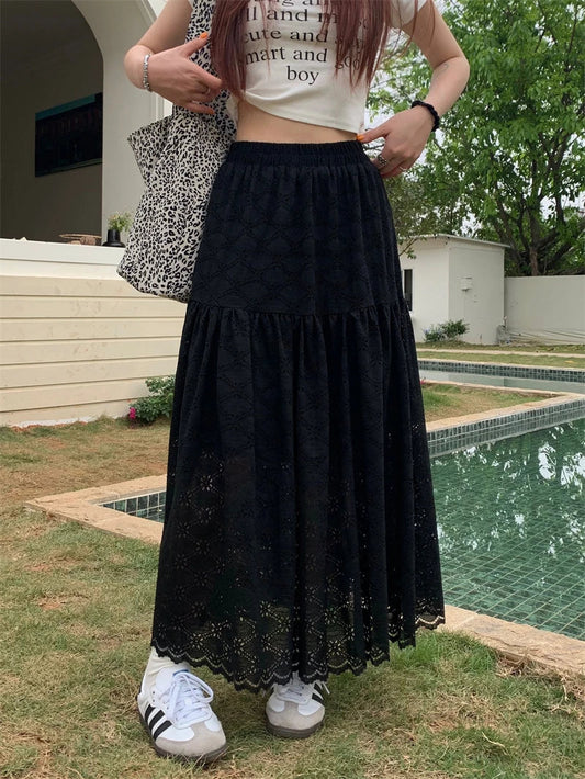 Dressbetty - Black Lace Ruffled High Waist A-line Skirt