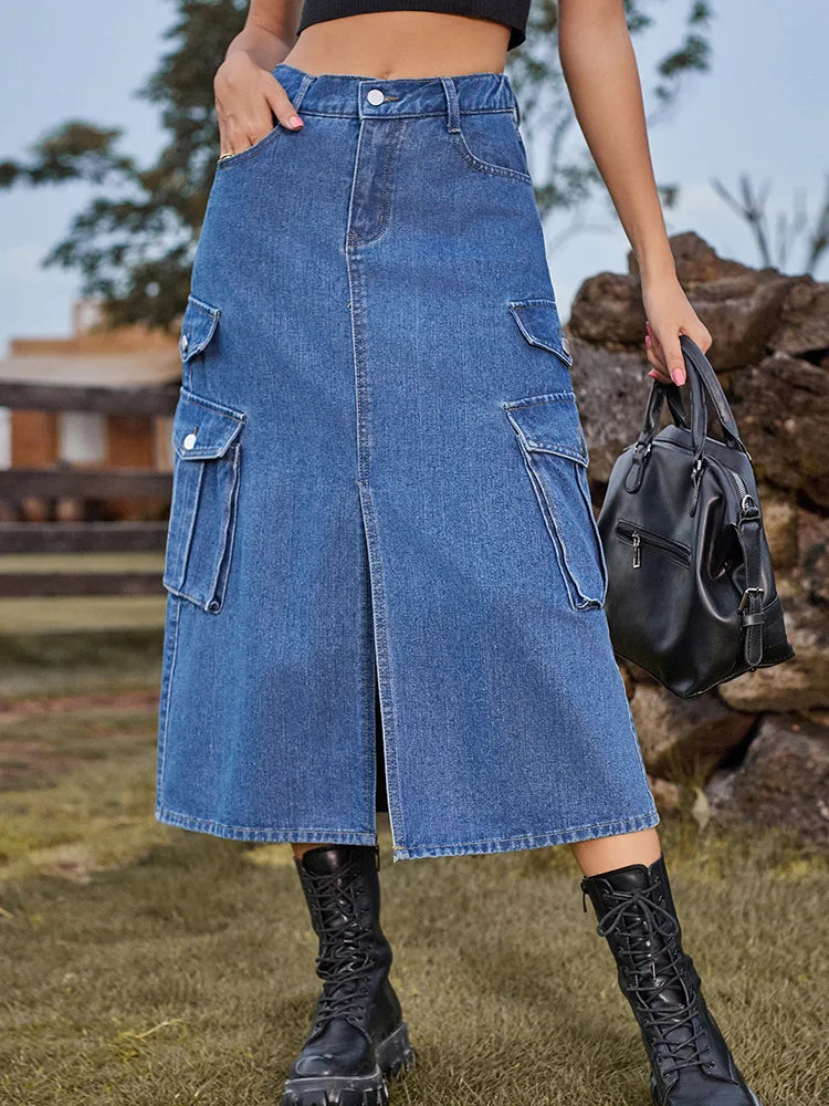 Dressbetty - Split Long High Waisted A-line Cargo Jean Skirt