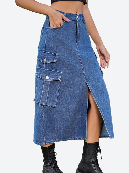 Dressbetty - Split Long High Waisted A-line Cargo Jean Skirt