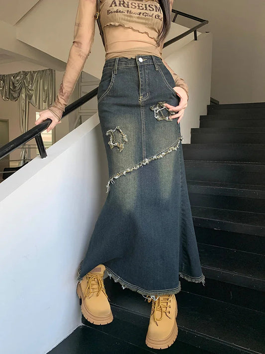 Dressbetty - High Waist Raw Trim Mermaid Hem Long Denim Skirt