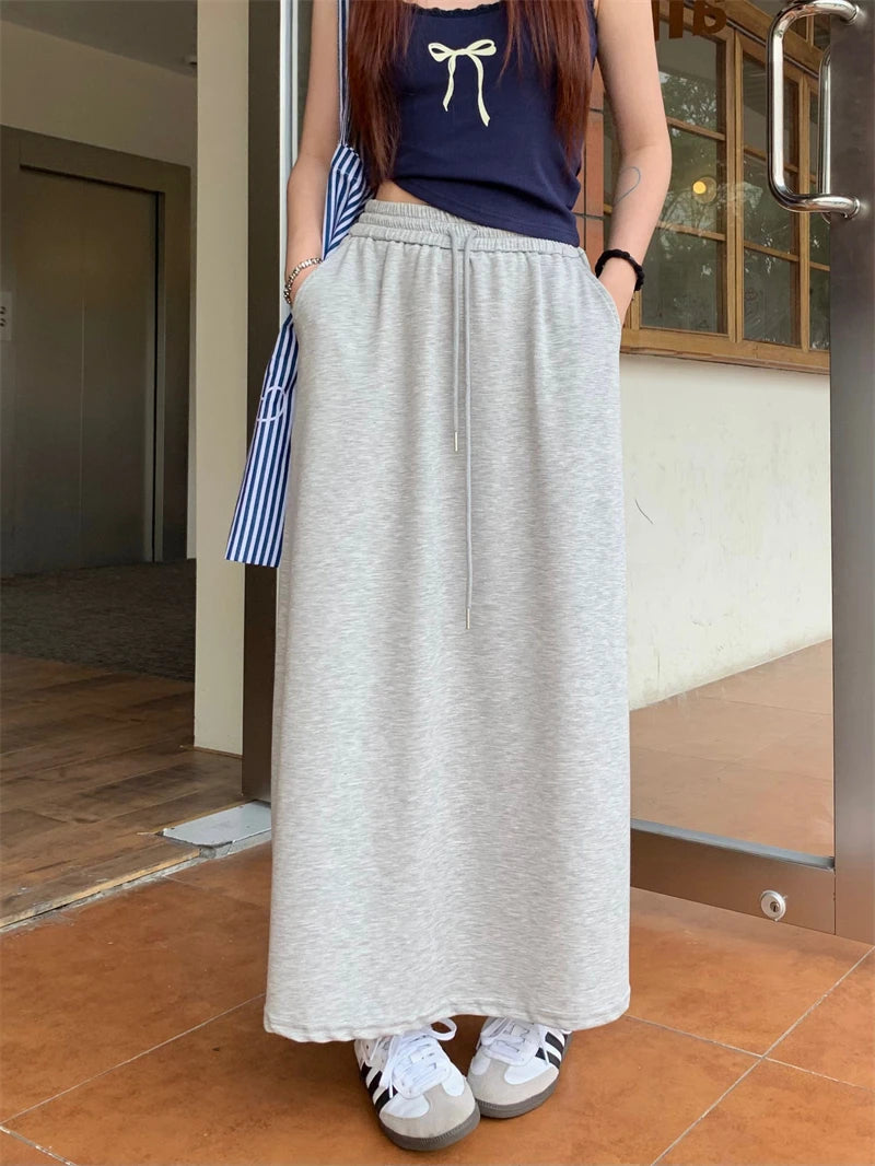 Dressbetty - Color Elastic Drawstring Straight Long Skirt