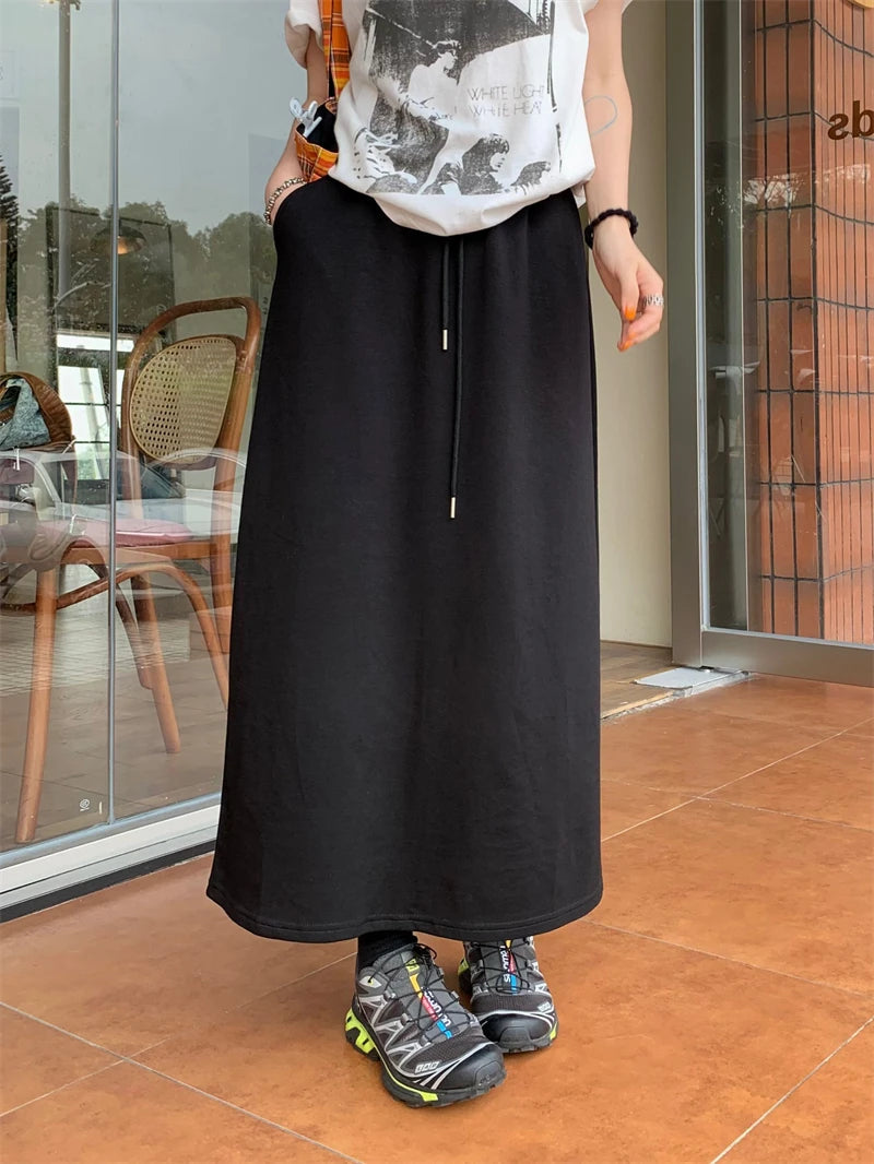 Dressbetty - Color Elastic Drawstring Straight Long Skirt