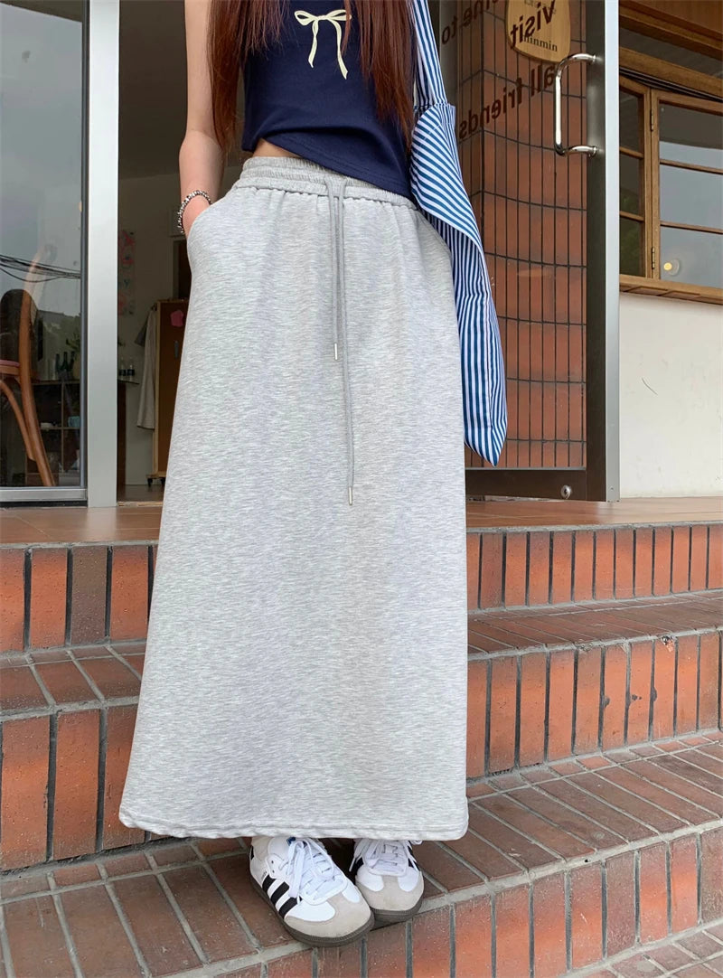 Dressbetty - Color Elastic Drawstring Straight Long Skirt