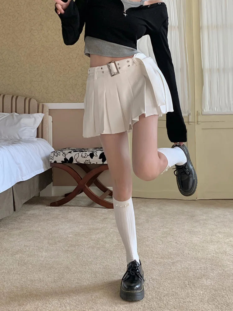 Dressbetty - White Cargo Pleated Mini Skirts Retro Low Waist A-line Skirt
