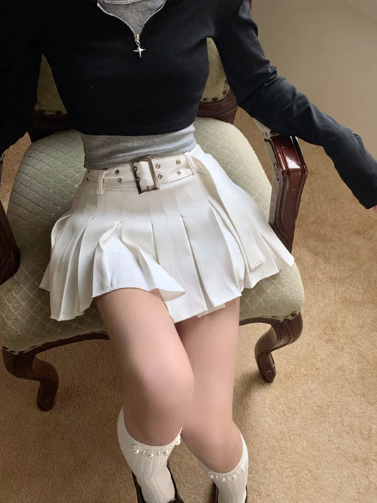 Dressbetty - White Cargo Pleated Mini Skirts Retro Low Waist A-line Skirt
