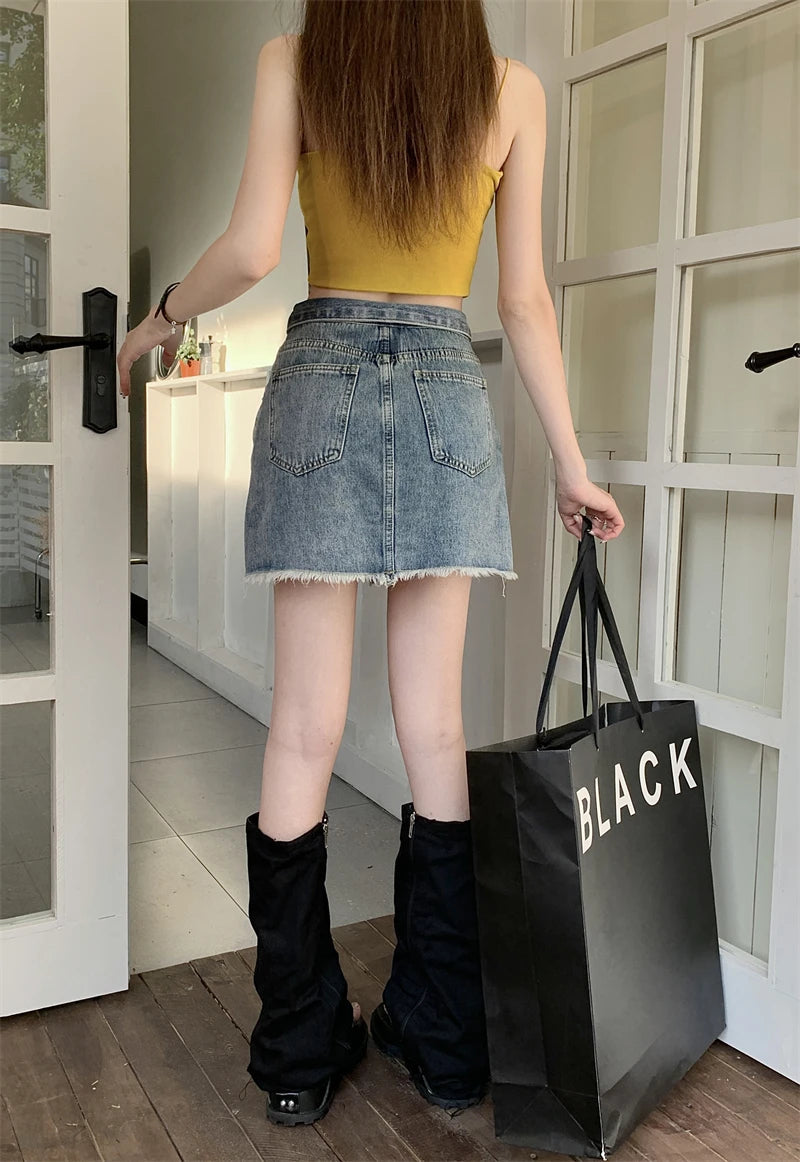 Dressbetty - Y2k Star Patch Raw Hem Cuffs A-line Short Skirt