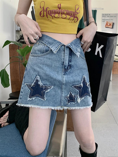 Dressbetty - Y2k Star Patch Raw Hem Cuffs A-line Short Skirt