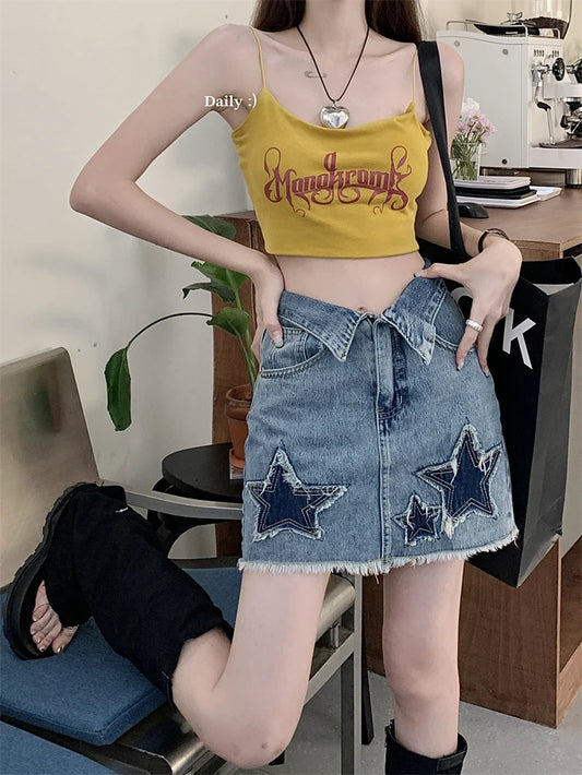 Dressbetty - Y2k Star Patch Raw Hem Cuffs A-line Short Skirt