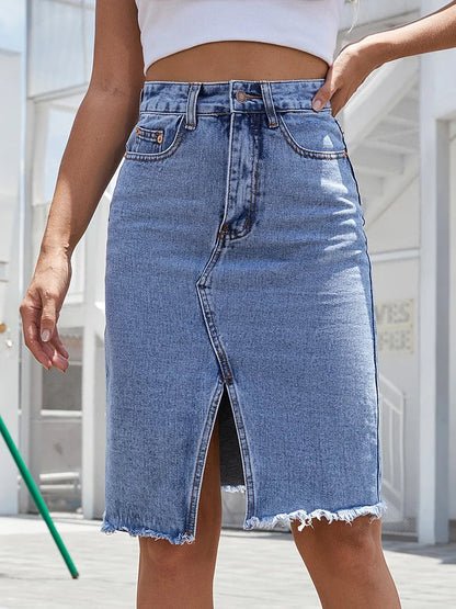 Dressbetty - Zipper Fly Split Denim High Waist Bodycon Midi Skirt