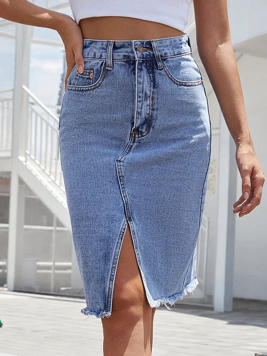 Dressbetty - Zipper Fly Split Denim High Waist Bodycon Midi Skirt