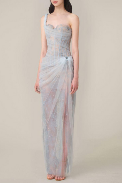 Bertille One Shoulder Maxi Dress in Blue