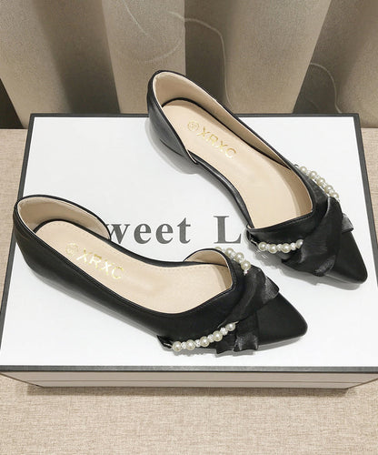 Black Bow Pearl Splicing Boutique Flat Shoes Pointed Toe Xc1053