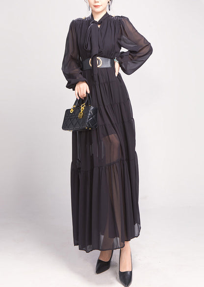 Black Bow Wrinkled Chiffon Maxi Dress Long Sleeve Ao1043
