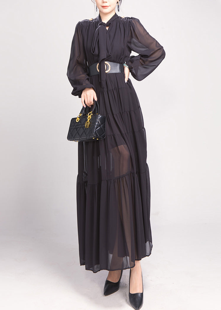 Black Bow Wrinkled Chiffon Maxi Dress Long Sleeve Ao1043