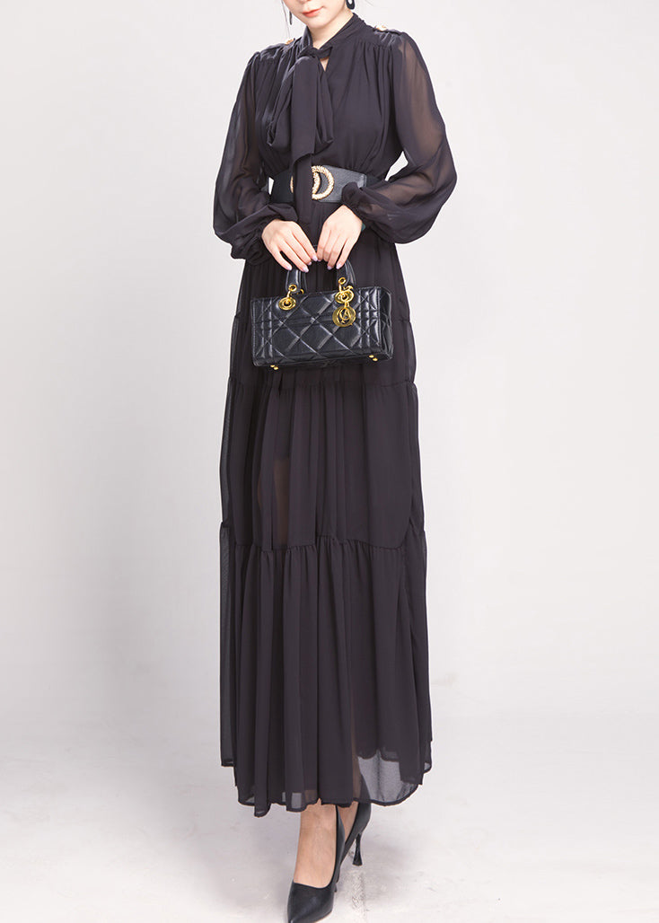 Black Bow Wrinkled Chiffon Maxi Dress Long Sleeve Ao1043