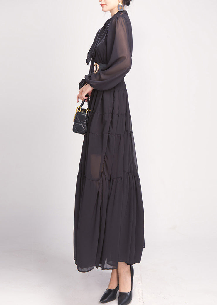 Black Bow Wrinkled Chiffon Maxi Dress Long Sleeve Ao1043
