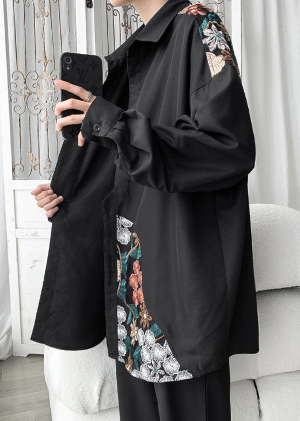 Black Button Cotton Neutral Coats Peter Pan Collar Long Sleeve Qa1060